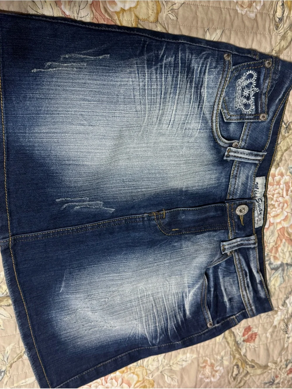 Washed Dark Blue Denim Mini Skirt - Embroidered Pocket Detail